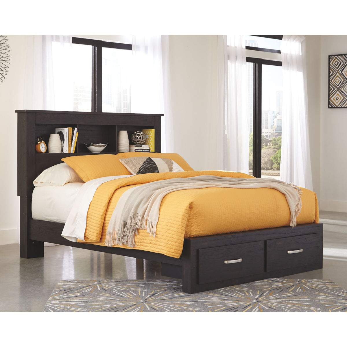 Reylow queen bookcase bed deals with 2 storage drawers